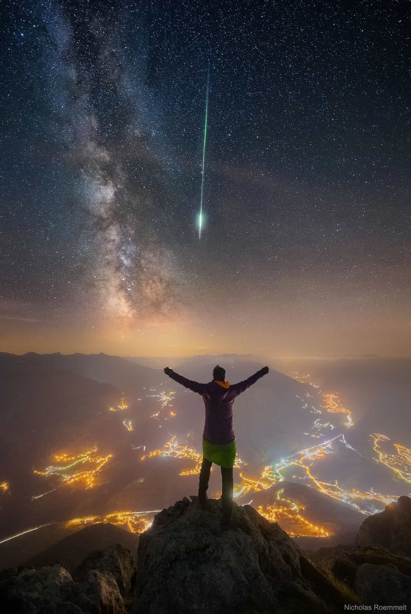 Meteor and Milky Way over the Alps