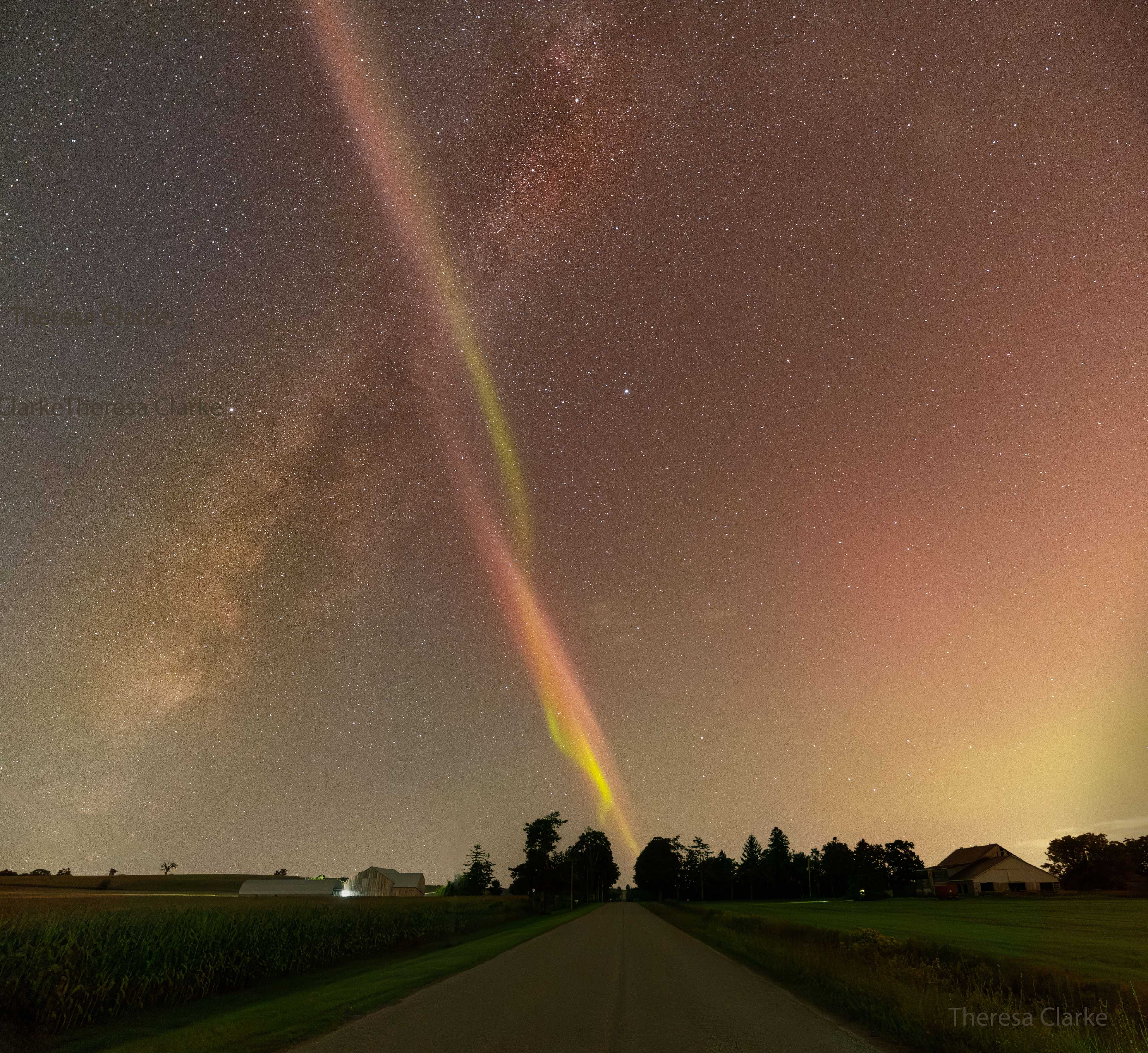 STEVE and Milky Way Cross over Rural Road