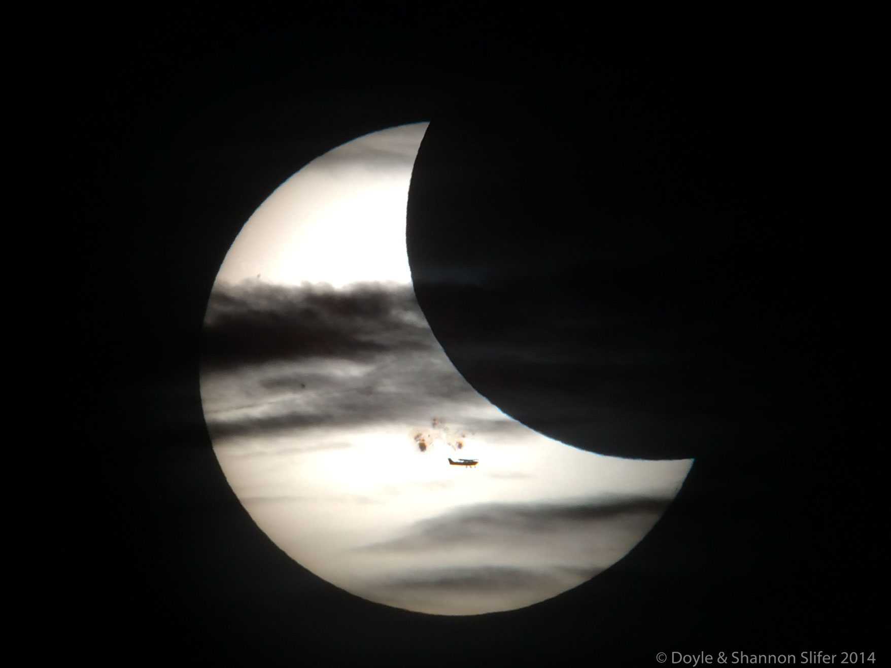 Plane, Clouds, Moon, Spots, Sun